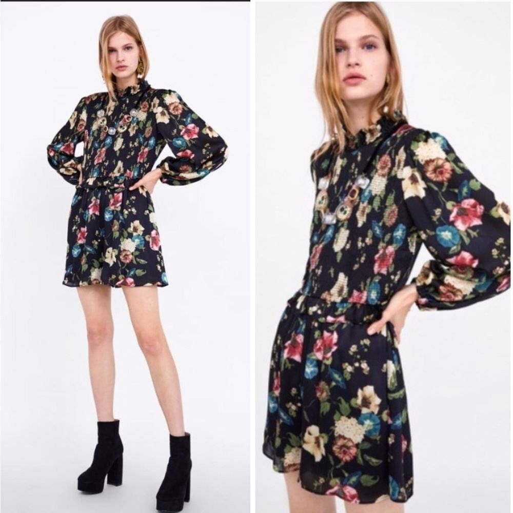 ZARA Multicolor Floral Romper Long Sleeve Chiffon Black Small